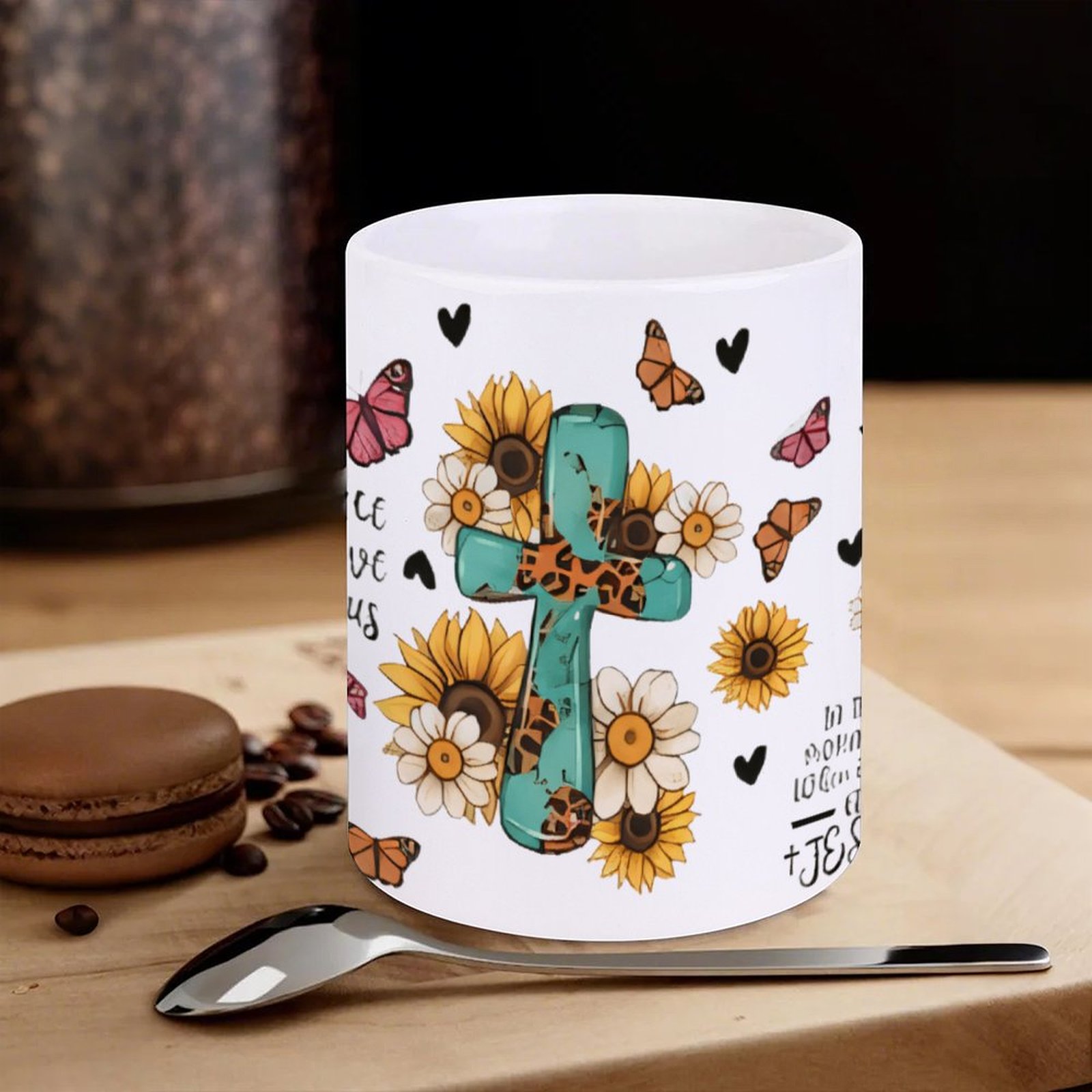 A Cross Surrounded By Sunflowe - مراجعة Sublimation Mug White وسعره