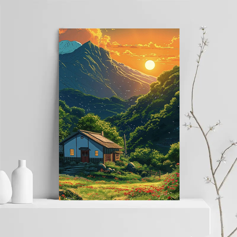 1pc Mountain Cabin Sunset Canv - مراجعة Canvas Wrap Ready وسعره